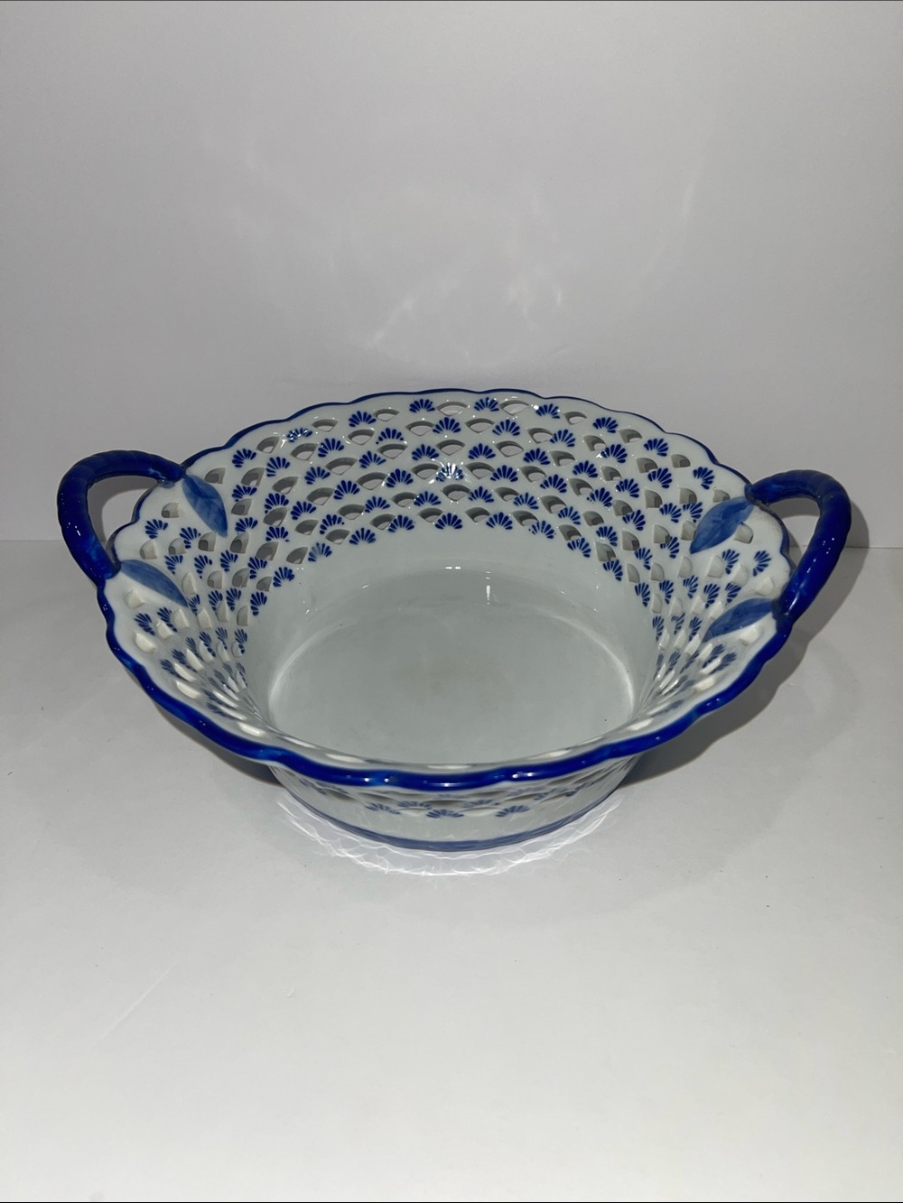 Vintage Blue White Porcelain Reticulated Fruit Basket 10 Inch Cobalt Handles